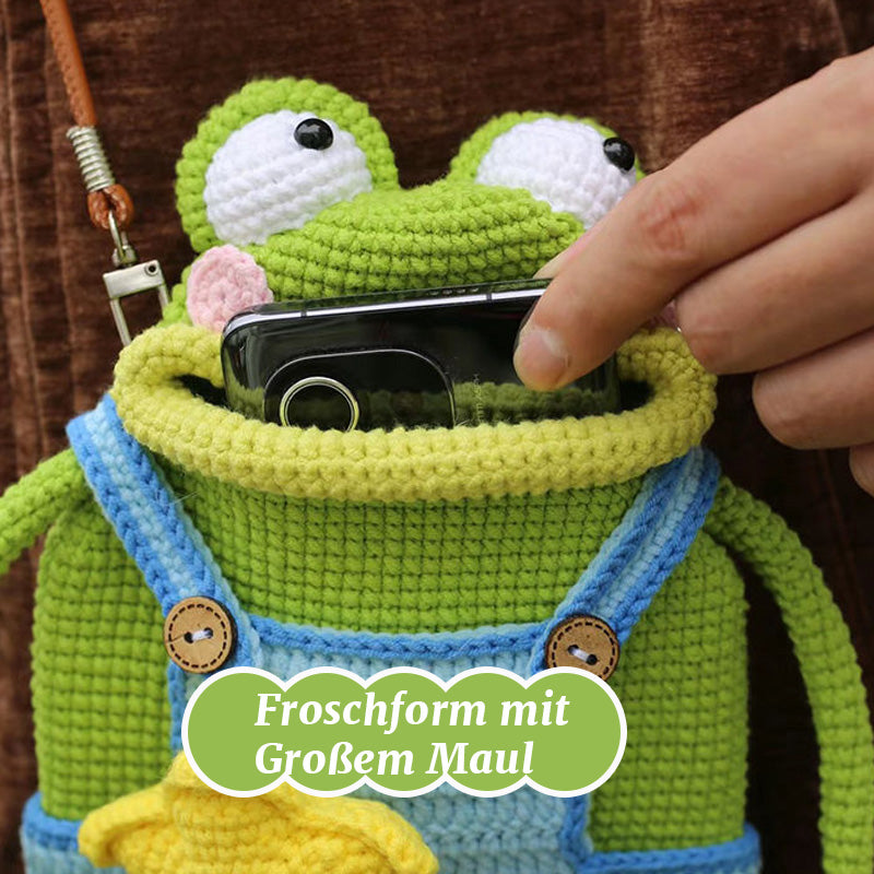 DIY virkad axelremsvÀska med stor grodmun