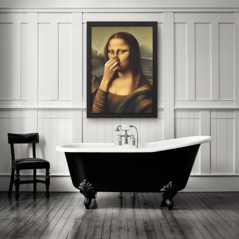 Imitation Mona Lisa konstdekoration, rolig vintage toalett humor rum deko