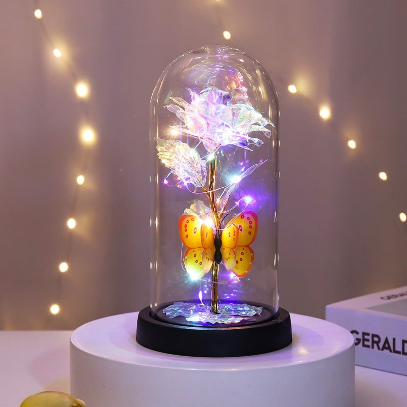 🔥Sista dagen 49 % rabatt – 🌹Eternal Butterfly Rose Glass Dome Display med LED-belysning