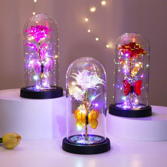 🔥Sista dagen 49 % rabatt – 🌹Eternal Butterfly Rose Glass Dome Display med LED-belysning